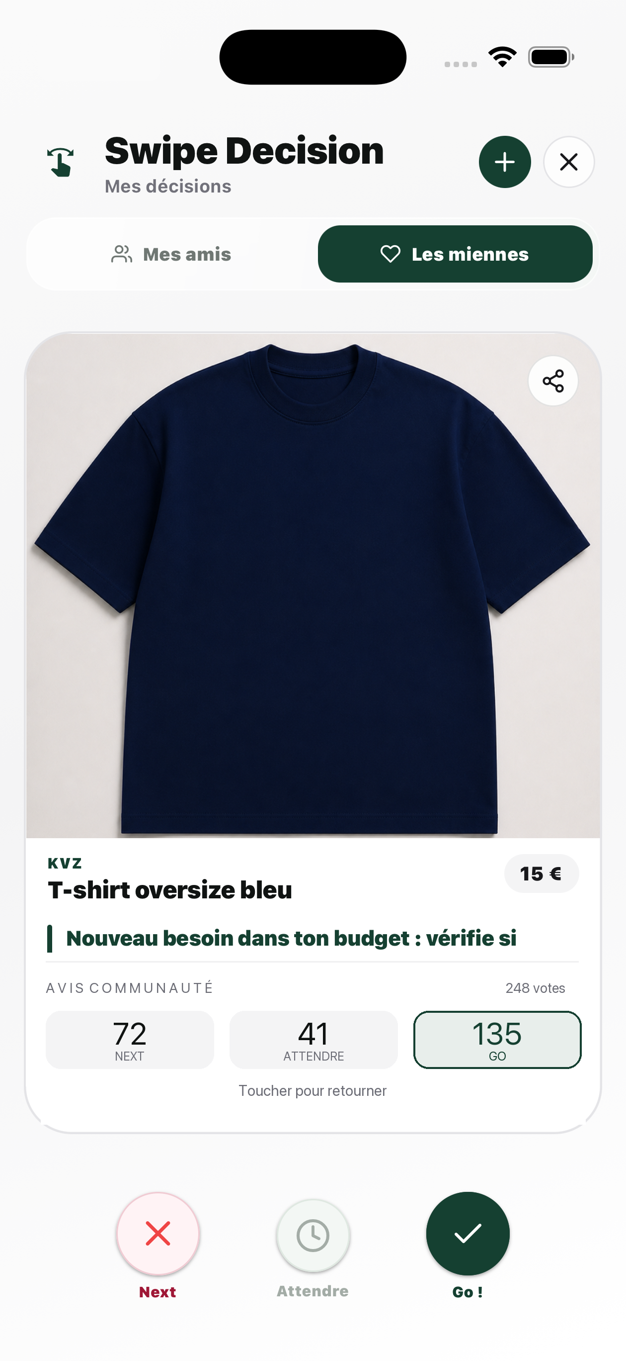 Aperçu de Swipe Decision dans KlearViz